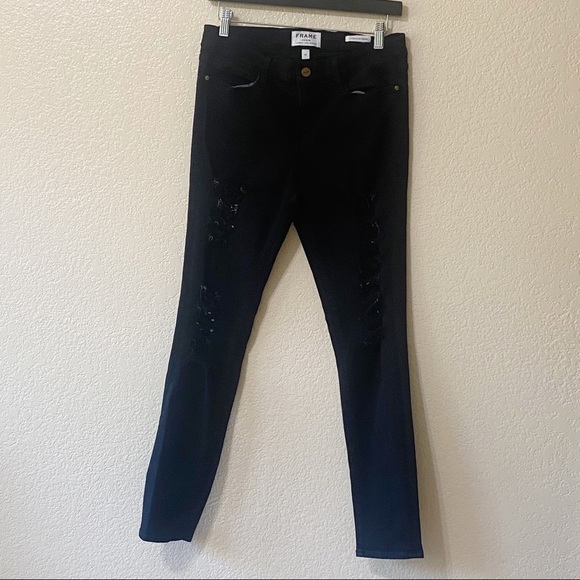 Frame‎ Denim Le Skinny de Jeanne Black Ripped Skinny Jeans - Picture 2 of 16